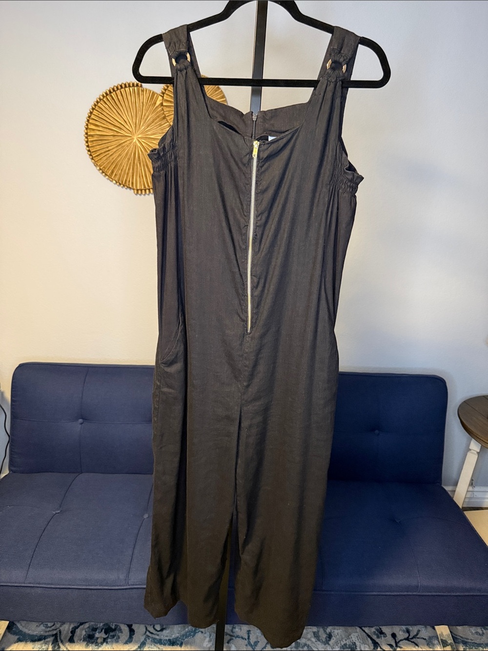 Halston Wide Leg Linen Jumpsuit 6 Black Square Neck Zip up Sleeveless Minimalist